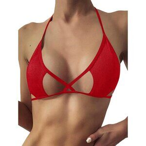 🆕Women's Red Cut Out Tie Knot Halter Swimwear Triangle Bikini Top